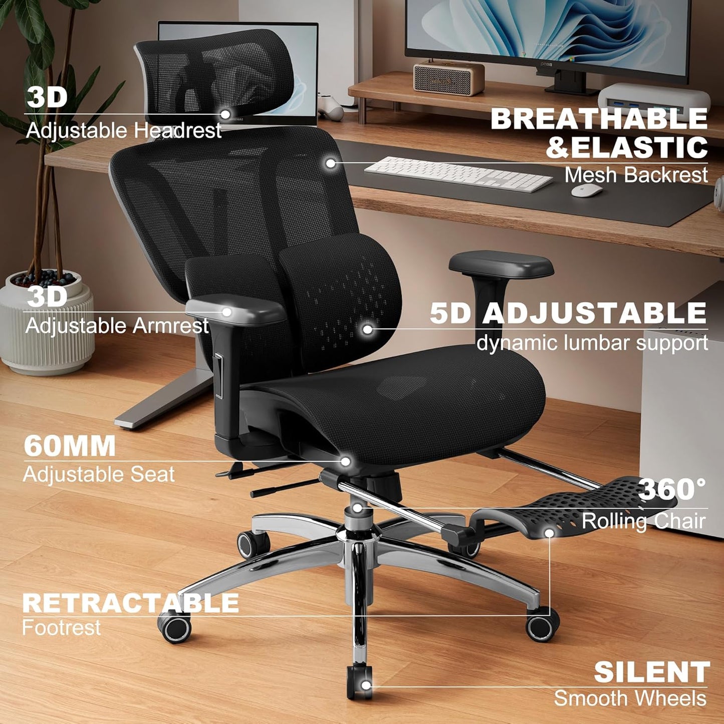 Ergonomic Office Chair – Dynamic Lumbar Support & Footrest